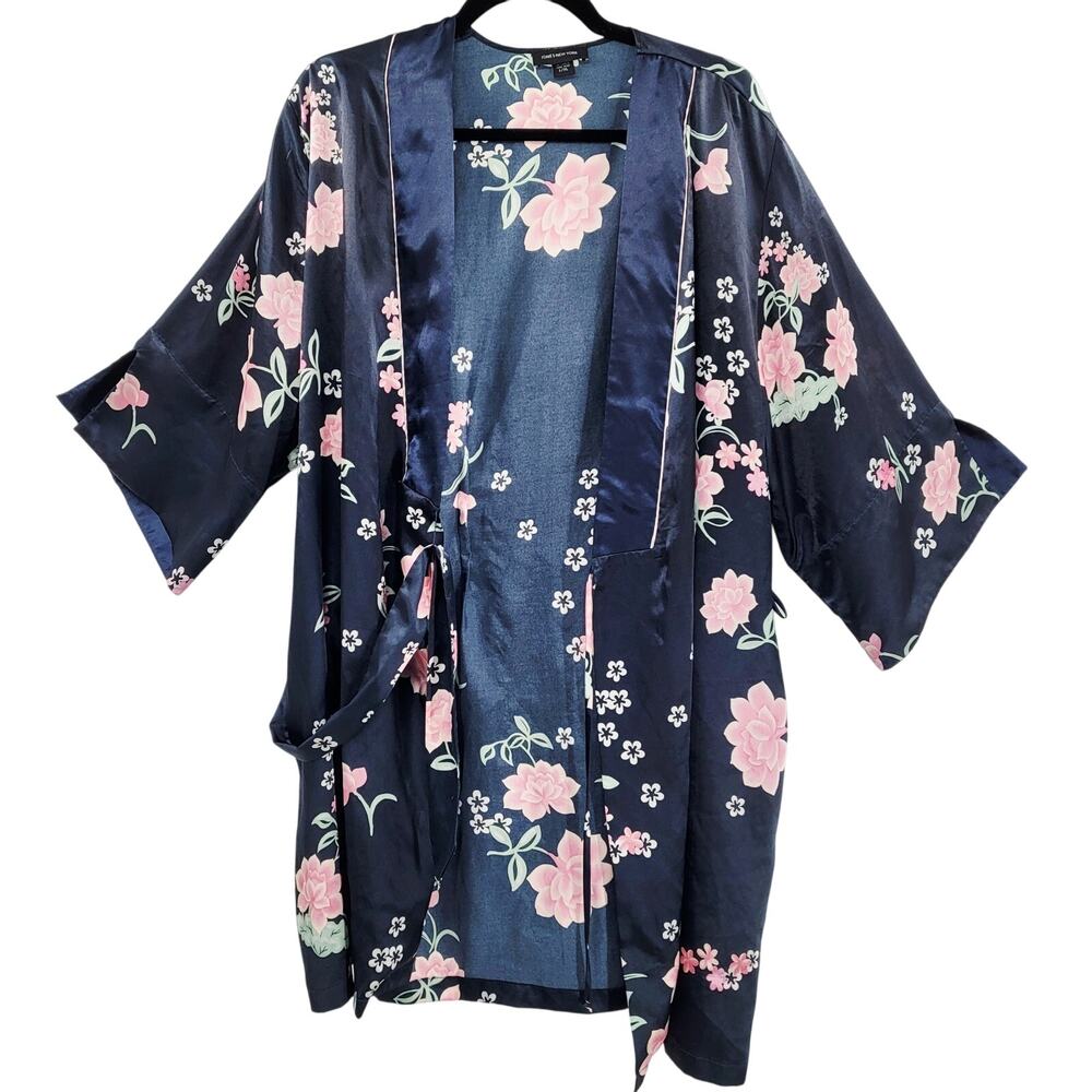 Jones New York Black Floral Multicolored Satin Belted Pockets Robe Women's L/XL